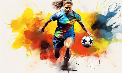 Wall Mural - Abstract soccer action image of a female football player. Colorful painted illustration