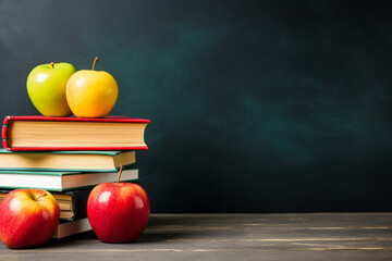 Colorful books stack and apple on a blackboard background with a place for text. AI generated