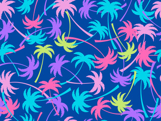 Wall Mural - colorful palm trees seamless pattern. summer time, wallpaper with tropical palm trees on blue backgr