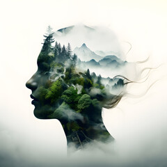 Side silhouette portrait of a woman with double exposure effect, intertwined with green nature landscape, mountains and trees. 