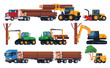 Harvesting wood. Special transport for felling and transporting trees. Cleaning the forest from old dead trees. Vector illustration
