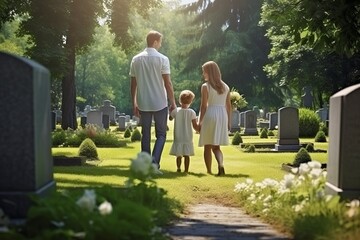 Wall Mural - Family visit grave at the cemetery. Beautiful illustration picture. Generative AI