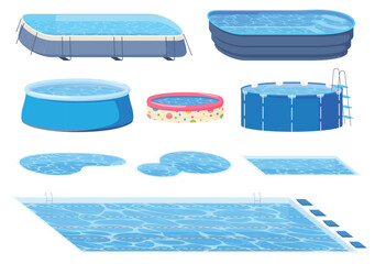 Pools of various shapes and types. Portable and stationary pools. Water tanks for swimming in them. Vector illustration