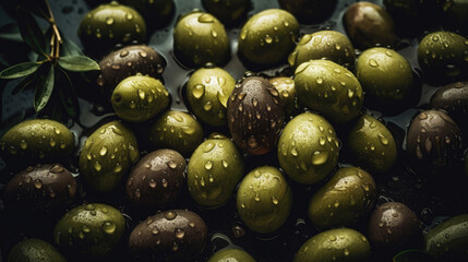 Wall Mural - Heap of fresh green olives with shimmering waterdrops