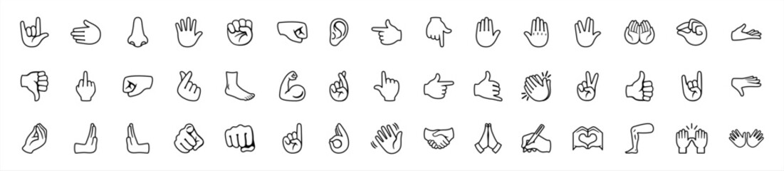 Hand gesture emojis line icons set. Pointing fingers, fists, palms. Social media, network emoticons. OK, hello, rock, like gesturing. Hand symbols. Isolated vector 10 eps.