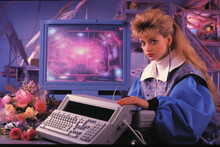 Colorful Image Of Vintage Retrowave Style Computer Monitor And Keyboard Advertising With Retro Woman Model. Concept Of Retro Pop Art. Collage Style.