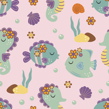 Seamless Pattern With Fish, Seahorse