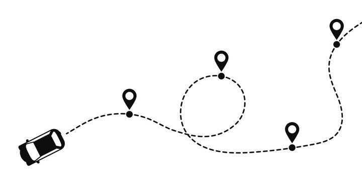 Car travel route, car travel path icon. A car path in the form of a dotted line with a map pin icon