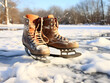 A pair of vintage ice skates in the snow on a pound. Old brown figure ice skates in snow, outdoors winter activity banner. Winter sports concept. AI generated