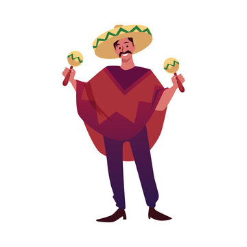 Wall Mural -  - Mexican musician playing maracas, cartoon vector Mexican man in sombrero hat and poncho isolated on white background