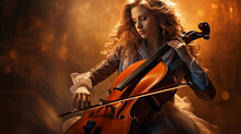 Classical Cellist, Playing Passionately, Intricate Details Of The Cello, Romantic Soft Lighting, Painterly Style, Rembrandt Light, Elegant And Graceful