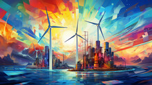 Abstract Geometric Representation Of Renewable Energy Sources, Vibrant Colors, Modern Art Style, Solar Panels, Wind Turbines And Hydroelectricity, Futuristic Cityscape Backdrop
