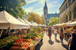 a bustling outdoor farmers' market, overflowing with local produce, in the heart of the city during a bright sunny day. Market stalls full of vibrant fruits and vegetables, handmade products labeled '