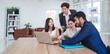 © Singh - Portrait business team woman pretty girl cute and man handsome smart Asian group meeting sitting on desk looking hand holding laptop notebook ready for happy working online sale inside the home office