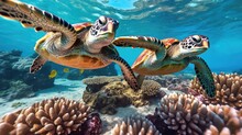 Sea Turtle With A Group Of Colorful Fish And Colorful Corals Underwater In The Ocean, Underwater World In The Ocean.