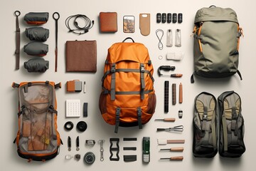 Wall Mural - Tourist equipment, backpack layout, deconstructed. Beautiful illustration picture. Generative AI