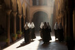A captivating image of a group of nuns in traditional habits, walking gracefully through a sunlit courtyard Generative AI