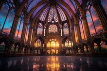 An Awe-inspiring Image Of A Majestic Cathedral Adorned With Intricate Stained Glass Windows, Standing Tall Against A Vibrant Sunset Generative AI