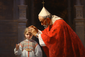 An enchanting image of a young girl receiving her Confirmation, with a bishop laying hands on her head Generative AI