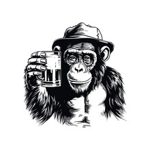 Monkey Holding Beer Mug, Isolated On White Background, Vector Illustration.