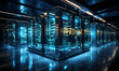 Data Center Server Room. Network Communication, Colorful Neon Server Racks, and Telecommunication Equipment, Optical fiber in a Cutting-Edge Technology Background. generative ai 