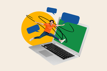 Sticker - Creative poster collage of running excited young man have fun jumping display netbook speech bubble talking social media communication