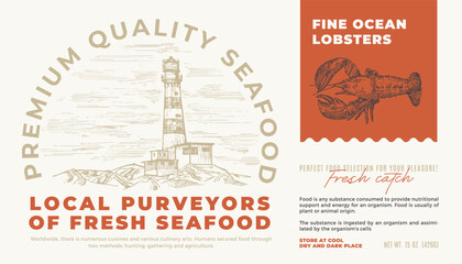 Wall Mural - Fine Ocean Seafood Product Abstract Vector Packaging Label Design. Modern Typography and Hand Drawn Shrimp Sketch Silhouette with Sea Lighthouse Background Layout