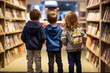 Three children in a bookstore, looking at shelves filled with books, and talking about the books, back to school concept