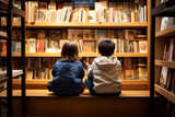 two children sitting in a bookstore, looking at shelves filled with books, and talking about the books, back to school concept