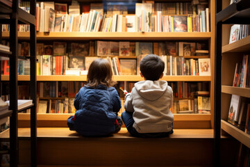two children sitting in a bookstore, looking at shelves filled with books, and talking about the boo