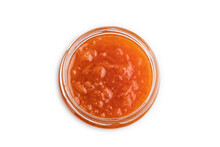 Carrot Jam With Cinnamon In Glass Jar Isolated On White. Top View.