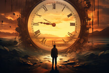 Man Infront Of Huge Clock. Time Passing, Time Importance, Destiny Concept. AI Generative, Illustration.