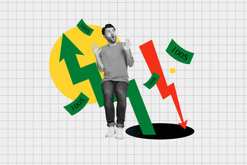 Poster - Creative drawing collage picture of shocked young man raise hands arrows point up down dollars banknotes earnings economist banker