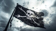 Leinwandbild Motiv Pirate flag with skull and bones waving in the wind, cloudy sky background, jolly roger symbol, dark mysterious hacker and robber concept