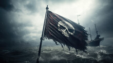 Pirate Flag With Skull And Bones Waving In The Wind, Ship Sinking, Cloudy Sky Background, Jolly Roger Symbol, Dark Mysterious Hacker And Robber Concept