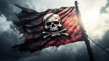 Pirate Flag With Skull And Bones Waving In The Wind, Cloudy Sky Background, Jolly Roger Symbol, Dark Mysterious Hacker And Robber Concept