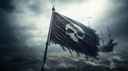 Pirate flag with skull and bones waving in the wind, ship sinking, cloudy sky background, jolly roger symbol, dark mysterious hacker and robber concept