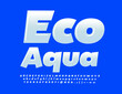 © Popskraft - Vector fresh template Eco Water. Glossy White Font for Marketing and Advertising. Modern Alphabet Letters, Numbers and Symbols set