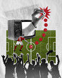 © master1305 - Football match translation. Young man, athlete playing soccer. Football fans cheering up favorite team and sportsman. Contemporary art collage. Concept of sport, betting, competition. Poster, ad