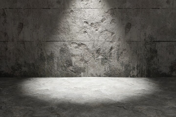 Spotlight shining on concrete wall plates and floor. Illustration as design element for website template and slide show presentation background