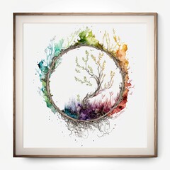 Wall Mural - Watercolor painting of intricate tree roots and vine arranged in circular pattern. Plant and foliage in round shape frame with empty space in middle for invitation card. Superb Generative AI