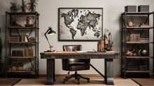 Industrial-style Home Office With A Reclaimed Wood Desk Design, A Metal Bookshelf, AI Generated