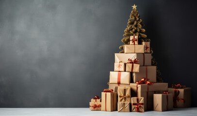 Wall Mural - A stack of wrapped Christmas presents against a plain wall