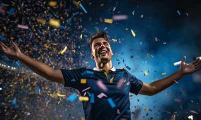 Portrait of a happy male football sport player celebrating winning with confetti falling