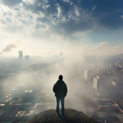 silhouette of a man standing over a city with smog