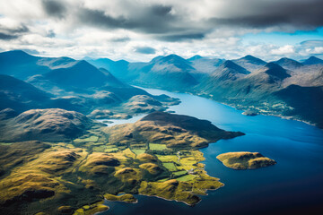 Wall Mural - Aerial view of scottish highlands. Beautiful green nature and blue lakes.