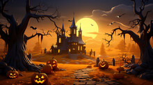 Happy Halloween Night Background With Nice Pumpkins And Castle, Bats, Silhouette. Generative Ai