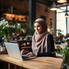 Muslim woman working with the laptop. Generative AI.
