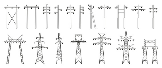 Electric pylons set. Electric tower construction and maintenance, powerline connection and electricity network infrastructure construction. Vector flat collection. City energetic equipment