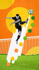 Wall Mural - Vertical dynamic image of concentrated young man, football player in motion, hitting ball, scoring winning goal. Contemporary art collage. Professional sport, betting, competition concept. Poster, ad